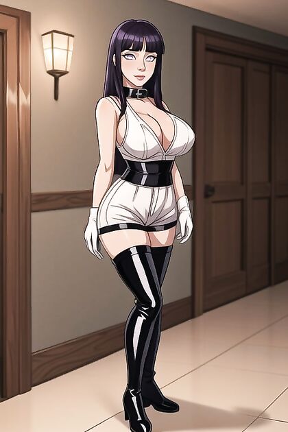 Hinata Hyuuga's Large Breasts in Seductive Black Leather Thigh-High Boots Hentai Image