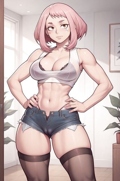 Sexy Bra and Stockings Tease in Unbuttoned Shorts Hentai Picture