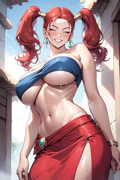 Twintailed Beauty with Oiled Skin Smiles Wide in Sensual Hentai Picture