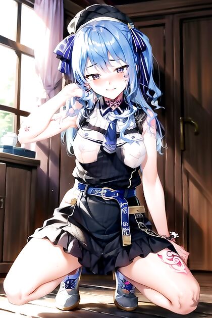 Mischievously Smiling while Squatting and Squeezing Breasts in Hentai Bliss