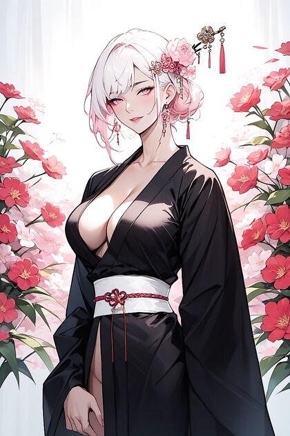 Woman in Black Kimono With Red Flowers and Pink Eyes Seduces in Hentai AI Porn
