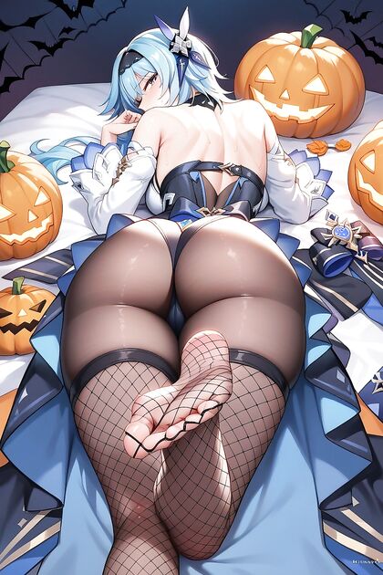 Laying on Stomach in Halloween Costume with Hand Near Face Hentai Fun