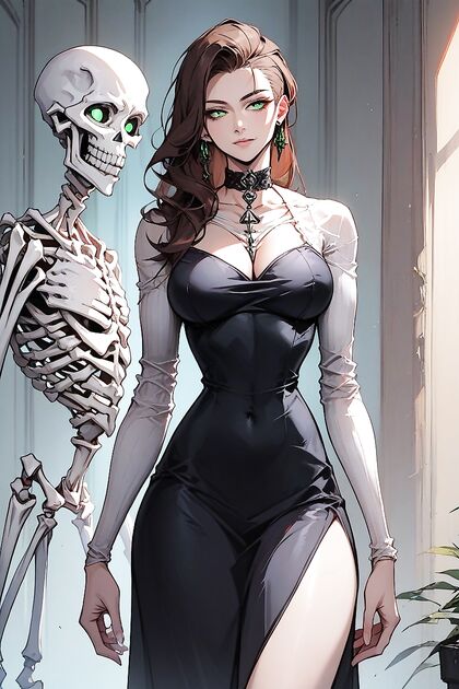Skeleton Woman with Long Brown Hair and Green Eyes Teased in hentai AI Picture