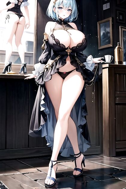 Light Blue-Haired Babe with Fake Boobs in Seductive Hentai Picture