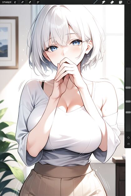 Hand Over Mouth, Waist-Up Shots with Ultra Short Hair in Hentai Picture