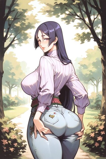 Minamoto No Raikoufate Seductively Touches Her Jeans-Covered Butt in Steamy Hentai Image