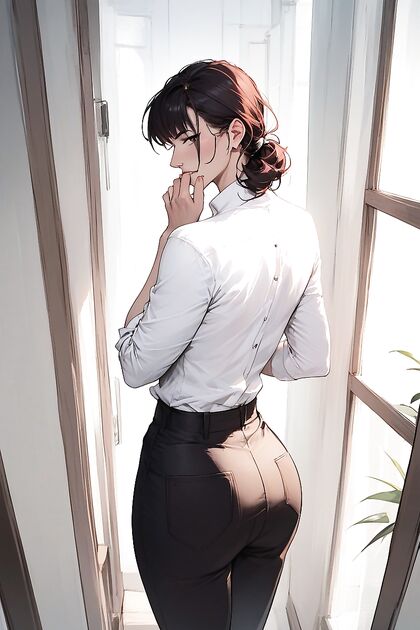 Rear View Bliss – Standing Hempress Covers Her Mouth in Seductive Hentai Image