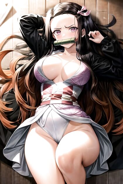 Nezuko from Demon Slayer with Arms Raised in Seductive Hentai Images