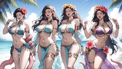 Women in Costumes Get Pleasured by Tentacle Creatures in Steamy Hentai Images