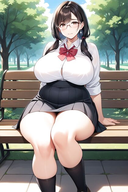 Nervous Girl 18+ in Black Skirt Sits on Bench for Horny Hentai Fun