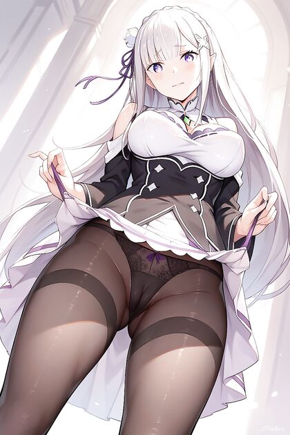 Emilia from Re –Zero Shows Off Her Huge Cameltoe in Skirt-Lifting Hentai Picture
