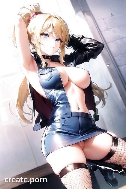 Busty Babe in No Bra, Leather Jacket, and Miniskirt –Hentai AI Picture