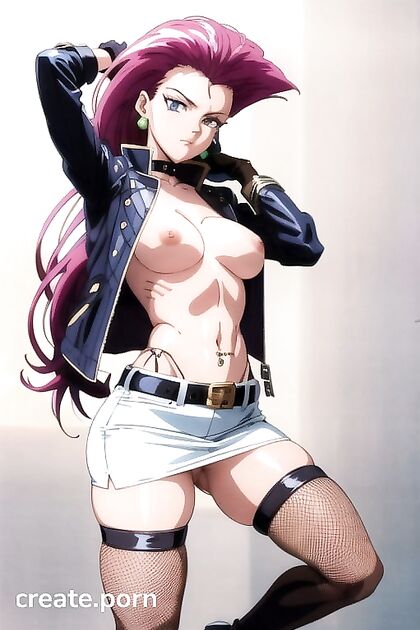 Navy Pierced Babe in Open Leather Jacket Drips Wetness in Hentai AI Porn