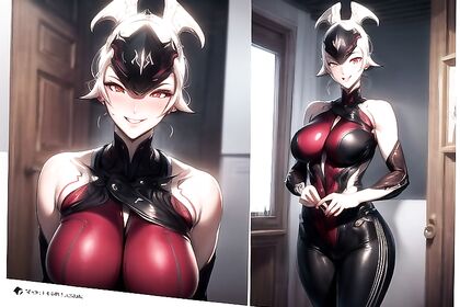 Blushing Mischievously in White Hair and Leggings for Steamy Hentai Picture