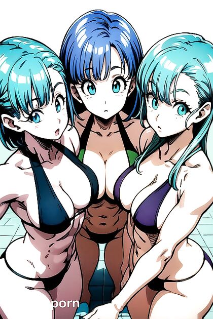 Bulma Surrounded by Muscular Men in steamy Dragon Ball Z Harem Images