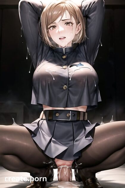 Nue with Arms Raised Enjoying Creamy Finishes in Hentai Picture