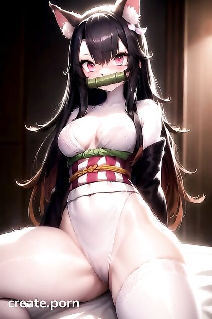 Nezuko from Demon Slayer with Thighs Exposed and Hands Bound Behind Her