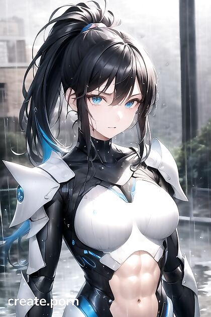 Ponytailed Beauty in Robot Armor Gets Soaked in Rainy Hentai Picture