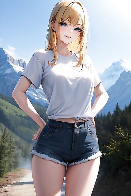 Blonde American Beauty in White Tee and Jeans Nails Hentai Bangs Picture