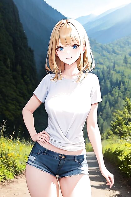 Smiling Girl 18+ with Bangs Shows Off Her Waist in Seductive Hentai Image