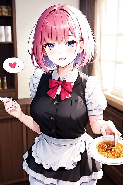 Maid With PinkBobCut Serves CurryRice in SilkLeggings for Horny Guests