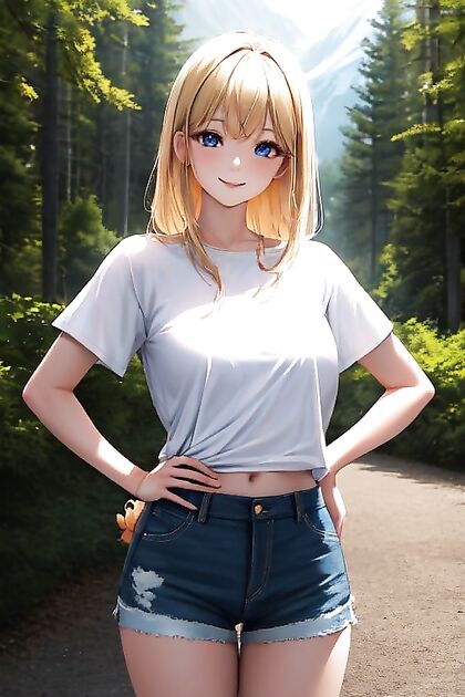 Blonde Beauty in White Tee and Jeans Exploring Nature's Majesty in Hentai AI Porn