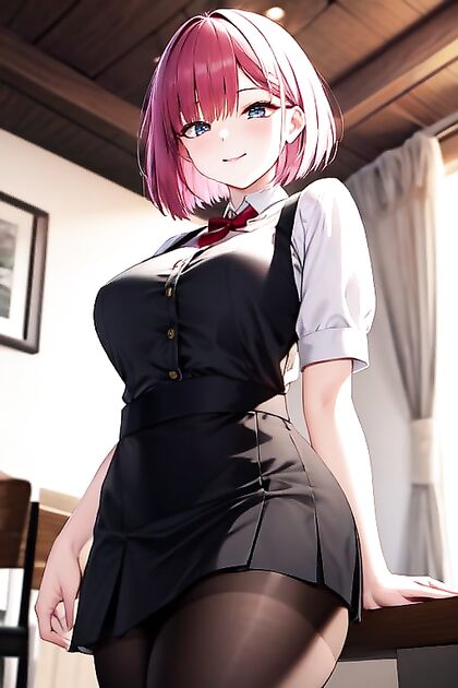 Pink Bob Cut Babe in Short Skirt Shows Off Her Waist in Steamy Hentai Image