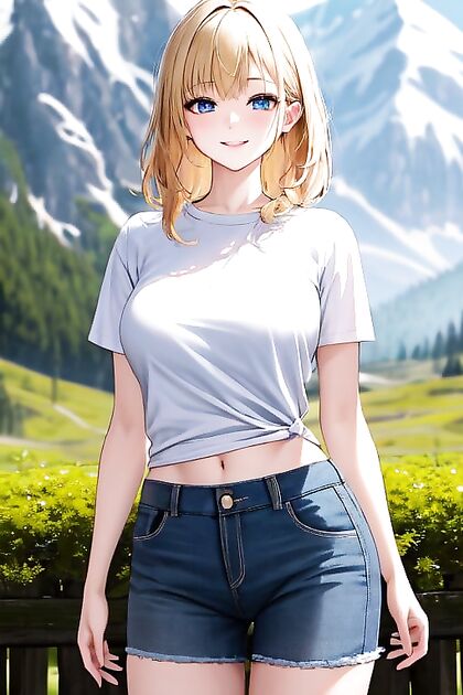 Waist-Shot hentai in a forest with mountains, Girl 18+ in white t-shirt and jean shorts