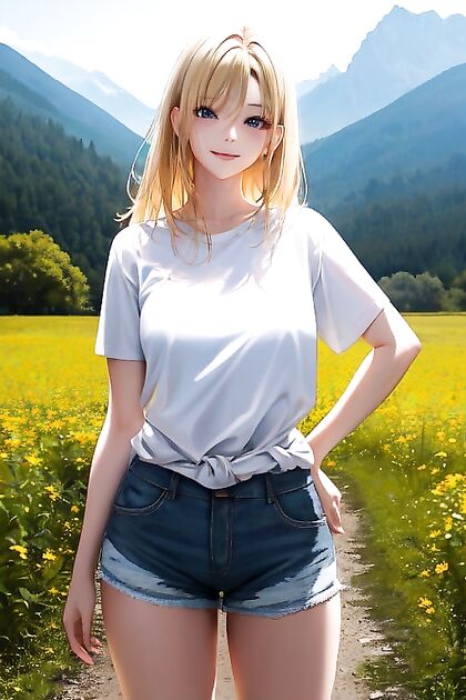 Blonde Beauty Enjoys Nature in a erotically Charged Hentai Image by the Mountains
