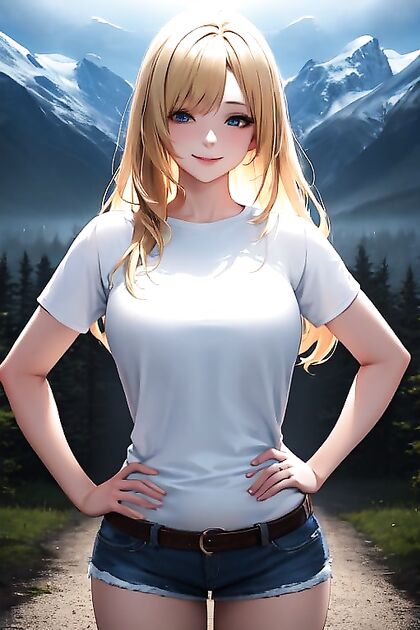 Blonde Beauty Poses by Majestic Mountains and Lush Forest in hentai AI Picture