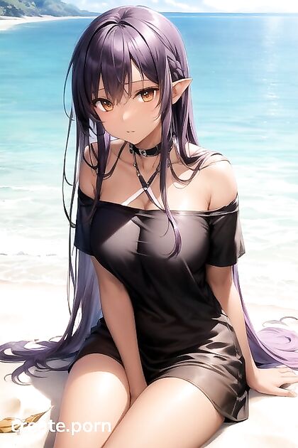 Purple-Haired Beauty Enjoys Intimate Moments on the Beach in hentai AI Picture