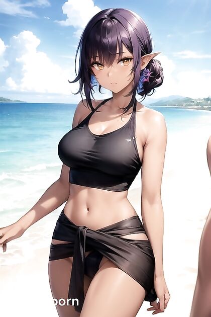 Waist-Shot Seduction – Purple-Haired Babe in Oversized T-Shirt Hentai Pleasure