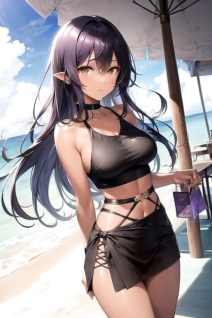 Large-Brested Beauty with Gold Eyes Enjoys Steamy Beach hentai Picture