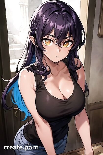 Demon Girl 18+ in Dark Brown Skin and Sleeveless T-Shirt Tempts You in hentai AIPorn