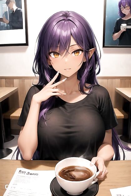 Purple-Haired Beauty with Large Breasts Serves Up Steamy Café hentai Picture