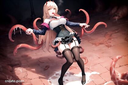 Goth Babe with Large Breasts Seduced by Tentacles in Erotic Hentai Image