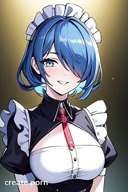 Light Blue-Haired Babe with Huge Tits in Thick-Line Hentai Picture