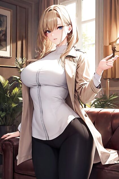 Blue-Eyed Beauty in Trench Coat Shows Off Her Medium Ass in Hentai Picture