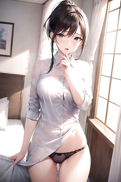 Blue-Eyed Beauty with Ponytail Takes Pleasure in Bedroom Hentai Image