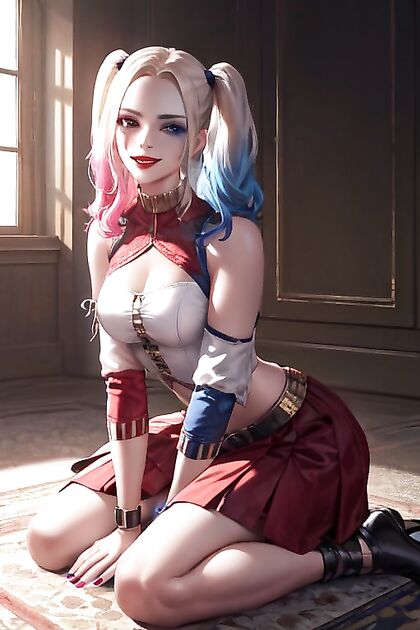 Harley Quinn with White Hair Takes Center Stage in Front-View Hentai Picture
