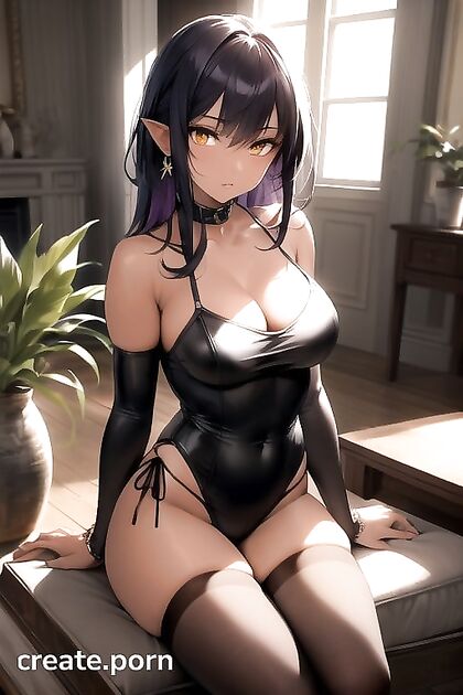 Dark-Skinned Beauty with Purple Hair Gets Wild in Living Room Hentai Picture