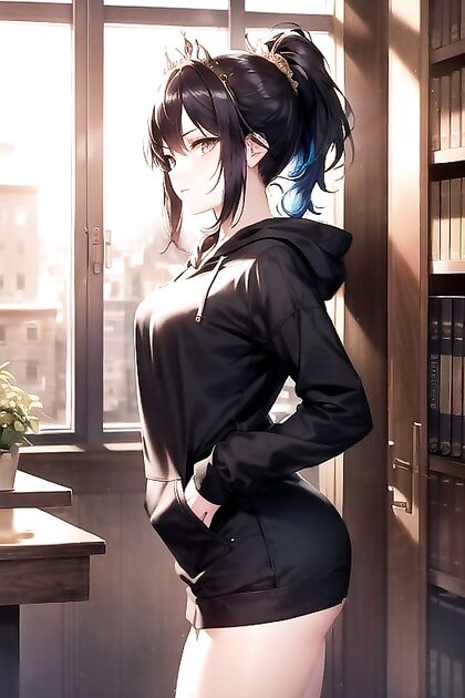 Diadem-Wearing Beauty with Ponytail Stands for Steamy Hentai Picture