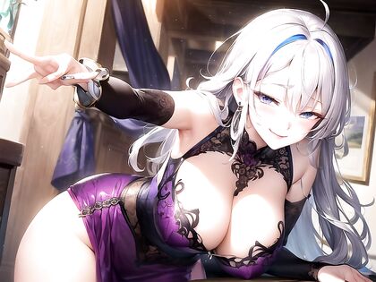 Mischievously Smiling With Purple Eyes and Rounded Breasts in hentai AI Picture