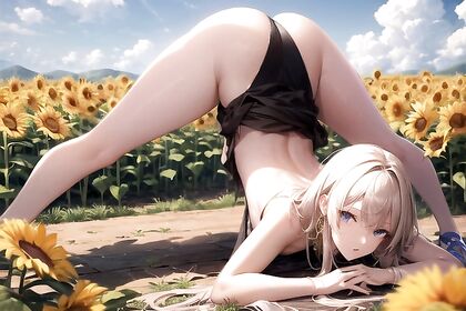 Afro Beauty Poses Like a Jack O' Lantern in Sunflower Field Hentai Delight
