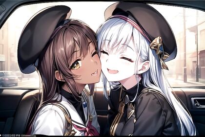 Girl 18+s kissing in car wearing berets for steamy hentai Picture
