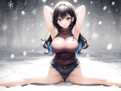 Black-Haired Beauty in Jean Shorts Performs Sultry Splits in Hentai AI Picture
