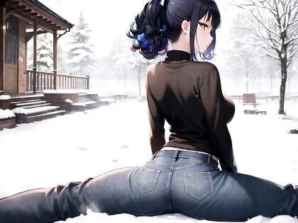 Permed Hair Beauty in a Cozy Sweater Gets Hot in the Snowy hentai Picture