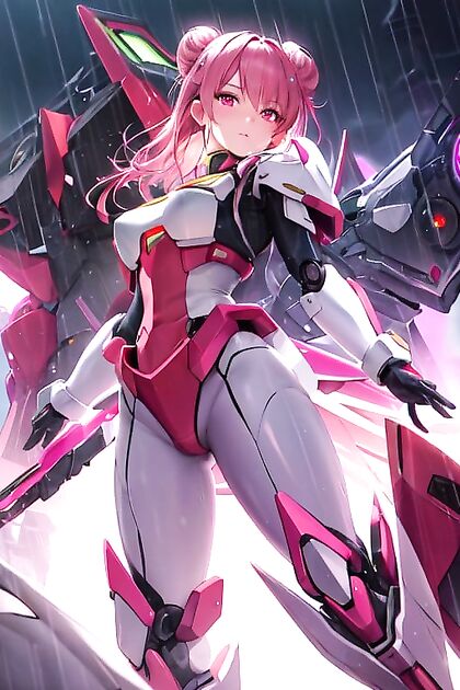 Pink-Eyed Warrior in Pink and White Mecha Armour Stares Seductively at You