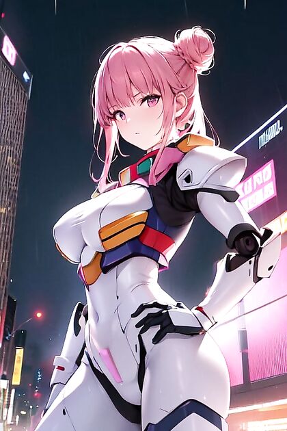 Pink and White Gundam Armor Picture in Cyberpunk City hentai Sex