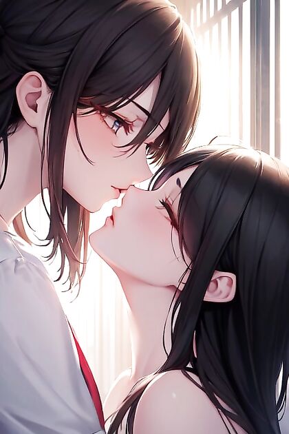 Intimate Kissing Image with Black-Haired Couple Amidst Crowded hentai Picture